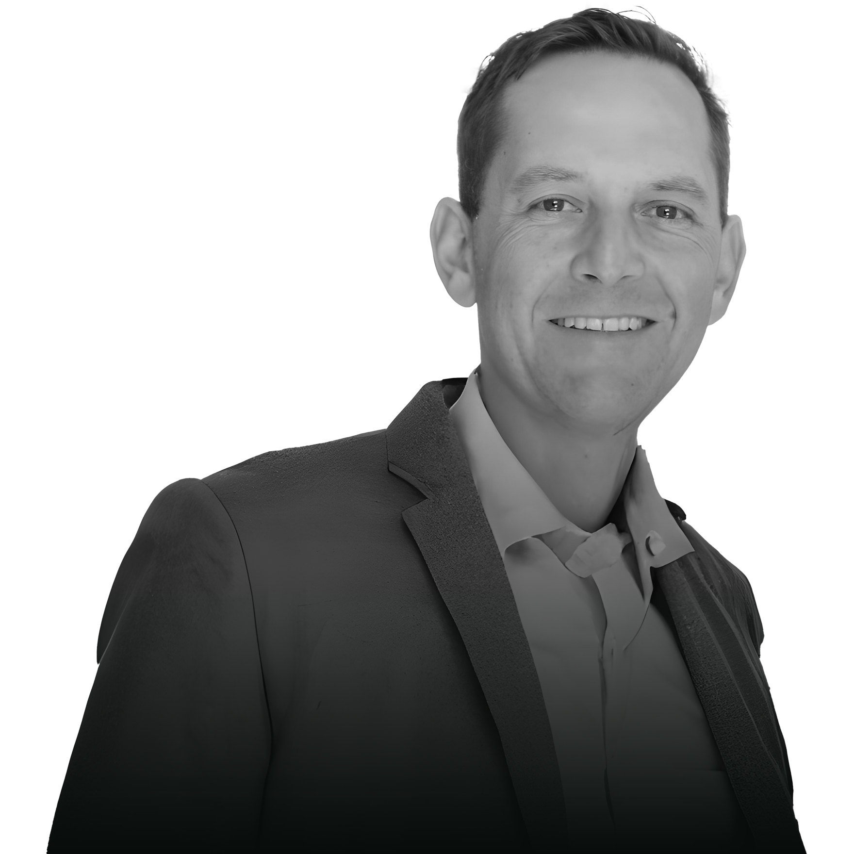 Black-and-white portrait of David Friedberg smiling in a jacket.